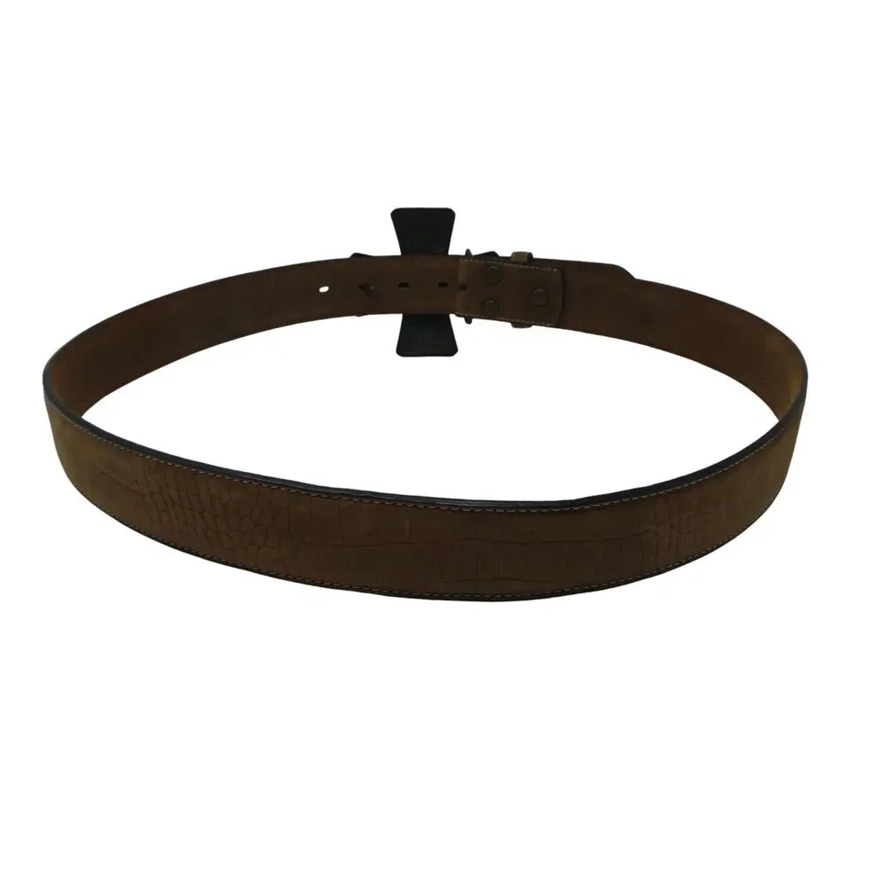 Nocona Brown Croco Print Leather Belt Cross Crystal‎ Buckle Womens Large